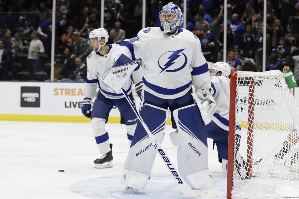 Tampa Bay Lightning goaltender Andrei Vasilevskiy (88) reacts after New York Islanders' Mathew Barzal scored during the second period of an NHL hockey game Friday, Nov. 1, 2019, in Uniondale, N.Y. (AP Photo/Frank Franklin II)