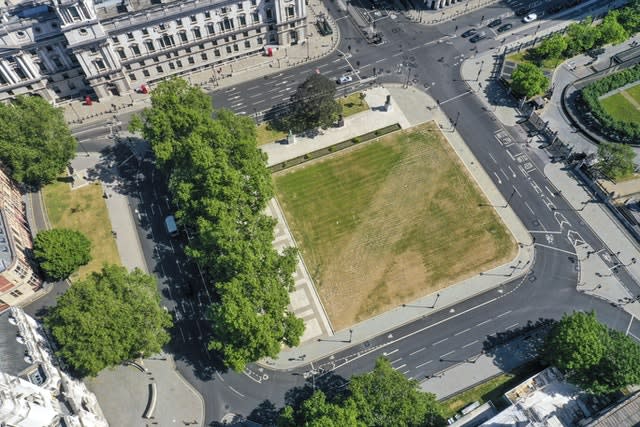 An aerial view of Parliament Square, London, with the Sir Winston Churchill Statue in the top right corner at the junction with Great George Street leading to Westminster Bridge and the Supreme Court building (bottom left) 