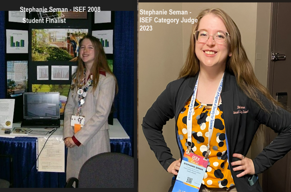 Stephanie Seman, a previous Red River Regional Science and Engineering Fair finalist is seen in a previous fair and in a more recent photo.