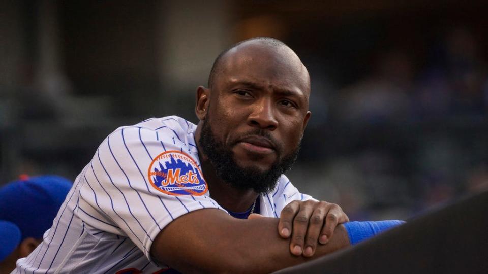 New York Mets' Starling Marte watches the action from the dugout during a game against the Colorado Rockies, Saturday, May 6, 2023, in New York. (AP Photo/Bebeto Matthews)
