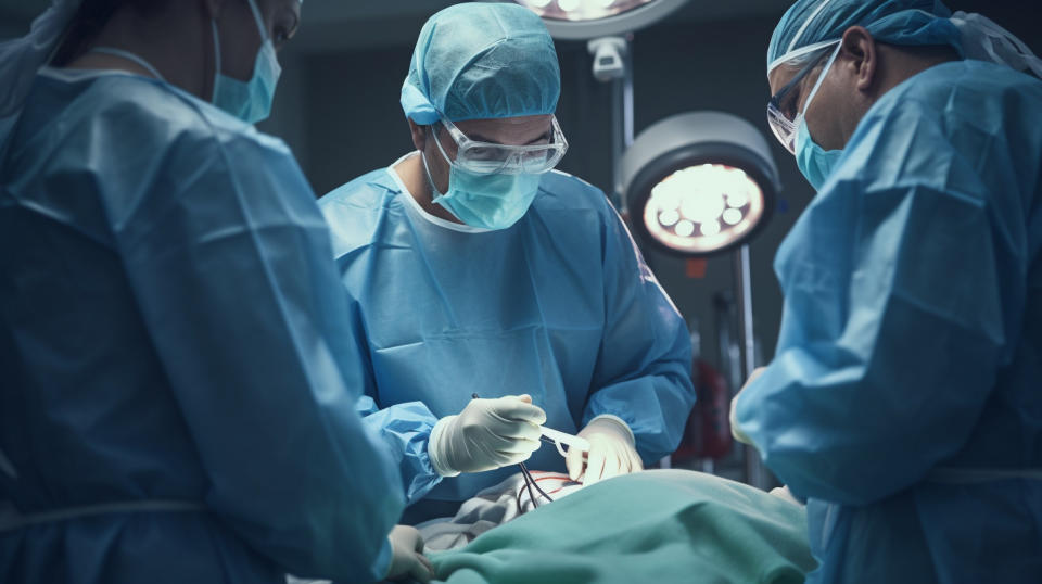 A surgeon examining a patient's brain in an operating room, paramedics nearby.