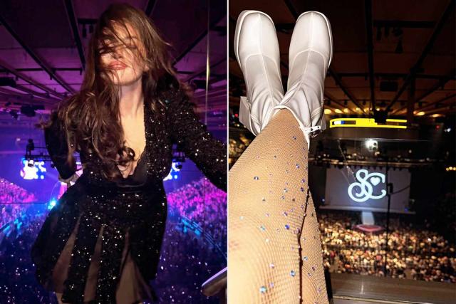 Selena Gomez Teams Sexy Sheer LBD with Crystal Fishnets and Boots at Sabrina  Carpenter Concert