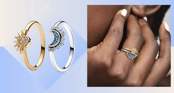Believed by fans to be the perfect jewellery representation for Taylor Swift lyrics, these celestial rings designs have finally been re-stocked after a sellout success. (Pandora/Yahoo Life)