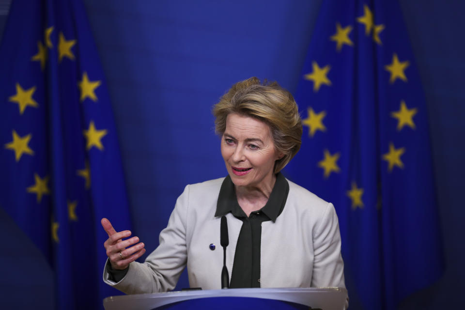 European Commission President Ursula von der Leyen gives a press statement on the European Green Deal at the European Commission headquarters in Brussels, Wednesday, Dec. 11, 2019. In her bid to lead the EU toward climate neutrality, European Commission president Ursula von der Leyen wants to put up 100 billion euros (dollars 130 billion U.S.) to help member countries that still heavily rely on fossil fuels transition to lower emissions. (AP Photo/Francisco Seco)