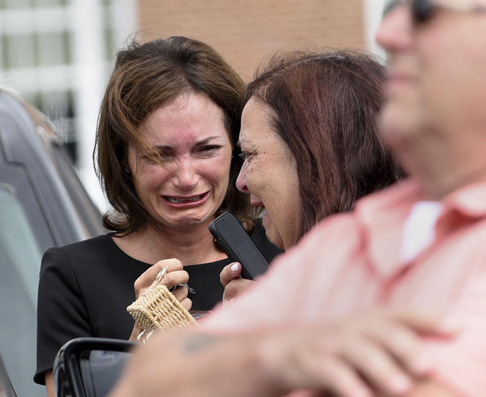 People upset with the not guilty verdict gather outside following the trial of Volodymyr Zhukovskyy of West Springfield, Mass., at Coos County Superior Court in Lancaster, N.H., Tuesday, Aug. 9, 2022. The commercial truck driver was charged with negligent homicide in the deaths of seven motorcycle club members in a 2019 crash in Randolph, N.H. (David Lane/The Union Leader via AP, Pool)