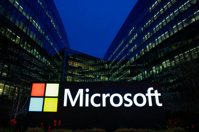 FILE PHOTO: A Microsoft logo is seen in Issy-les-Moulineaux near Paris