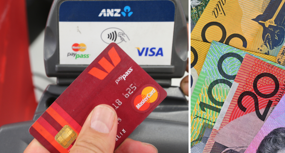 Composite image of person tapping Westpac credit card and Australian money.