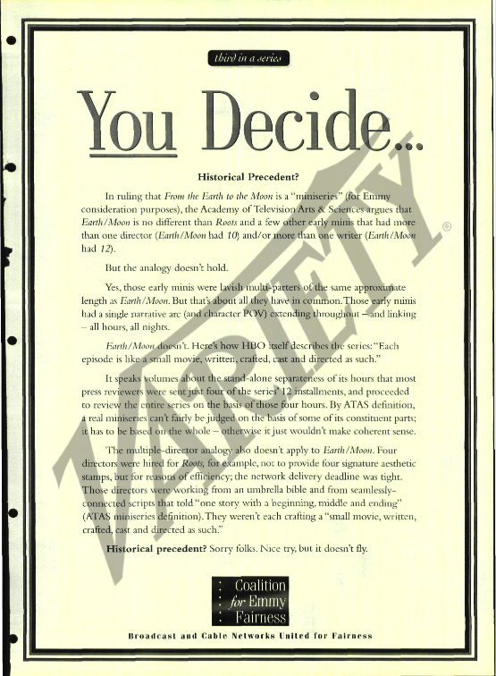 “The Coalition for Emmy Fairness” ad, as seen in the May 1, 1998 issue of <em>Daily Variety</em>. (The “Variety” watermark is via the Ultimate Variety archive website and didn’t appear on the original ad.)