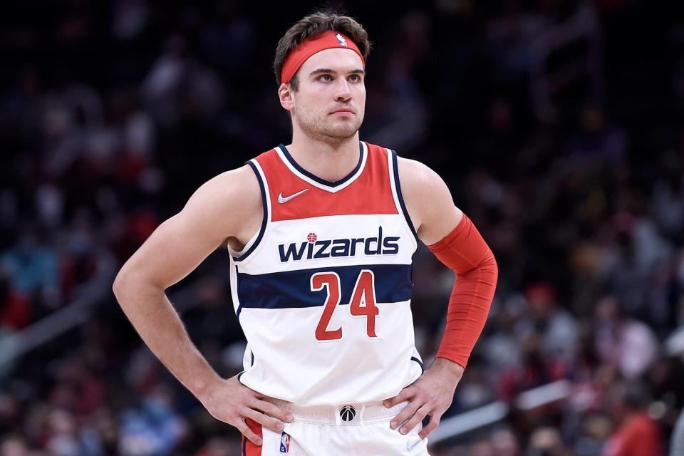 Corey Kispert #24 of the Washington Wizards rests during a break in the game against the Atlanta Hawks at Capital One Arena on October 28, 2021 in Washington, DC.