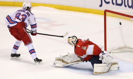 Dec 8, 2018; Sunrise, FL, USA; New York Rangers center Mika Zibanejad (93) scores a goal past Florida Panthers goaltender Roberto Luongo (1) in a shootout at BB&T Center. Robert Mayer-USA TODAY Sports