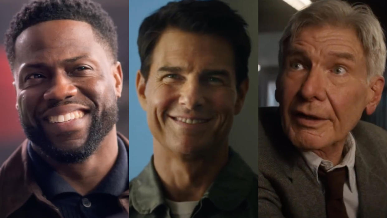  Kevin Hart in Lift/Tom Cruise in Top Gun: Maverick/ Harrison Ford in Indiana Jones and the Dial of Destiny (side by side). 