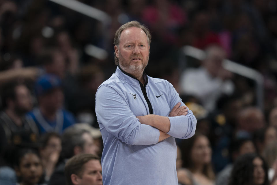 Milwaukee Bucks head coach Mike Budenholzer looks on during the first half of an NBA basketball game against the Washington Wizards, Tuesday, April 4, 2023, in Washington. (AP Photo/Jess Rapfogel)