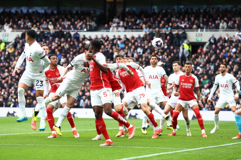 Pierre-Emile Hojbjerg of Tottenham Hotspur (obscured) scores an own goal, Arsenal first goal during the Premier League match between Tottenham Hotspur and Arsenal FC at Tottenham Hotspur Stadium