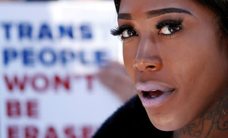 A Transgender rights activist protests the government's alleged attempt to strip transgender people of official recognition at the White House in Washington, U.S., October 22, 2018. REUTERS/Cathal McNaughton