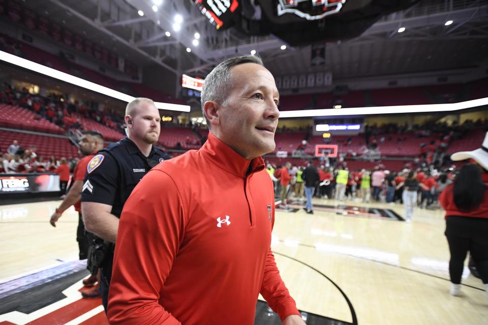 Texas Tech head coach Grant McCasland leaves the court after an NCAA college basketball game against Baylor Saturday, March 9, 2024, in Lubbock, Texas. (AP Photo/Justin Rex)