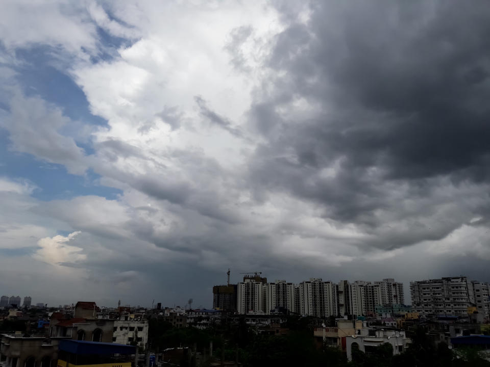 cloudy sky over the city because of the low pressure. black clouds