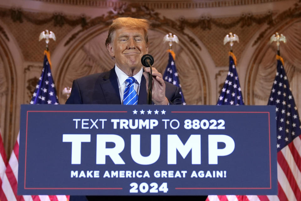 Republican presidential candidate former President Donald Trump speaks at a Super Tuesday election night party Tuesday, March 5, 2024, at Mar-a-Lago in Palm Beach, Fla. (AP Photo/Evan Vucci)