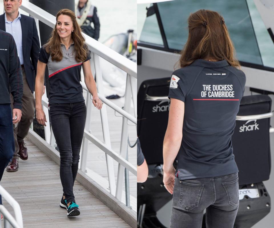 <p>The Duchess attended America's World Cup Series in Portsmouth, England, wearing dark gray jeans and her own customized polo, plus sneakers. </p>