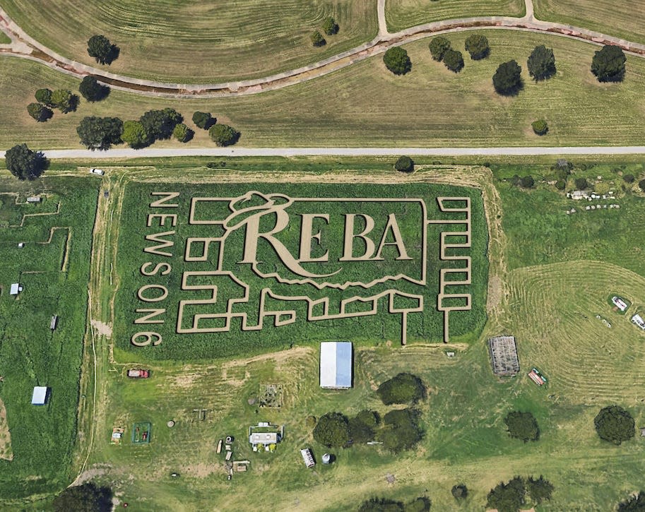 PumpkinTown Farms, Tulsa, has a corn maze depicting Reba McEntire. She is partnering with farms across the country to promote her new book.
