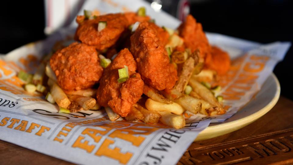 PJ Whelihan's Flamin' Pickleback Wings are displayed during an event to highlight what is new for the 2024 Philadelphia Phillies season at Citizens Bank Park in Philadelphia on Monday, March 25, 2024.