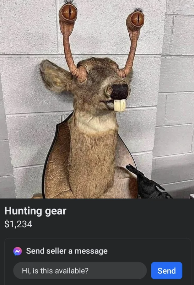 Taxidermy deer with hunting gear advertised for sale online, price listed, with option to message seller