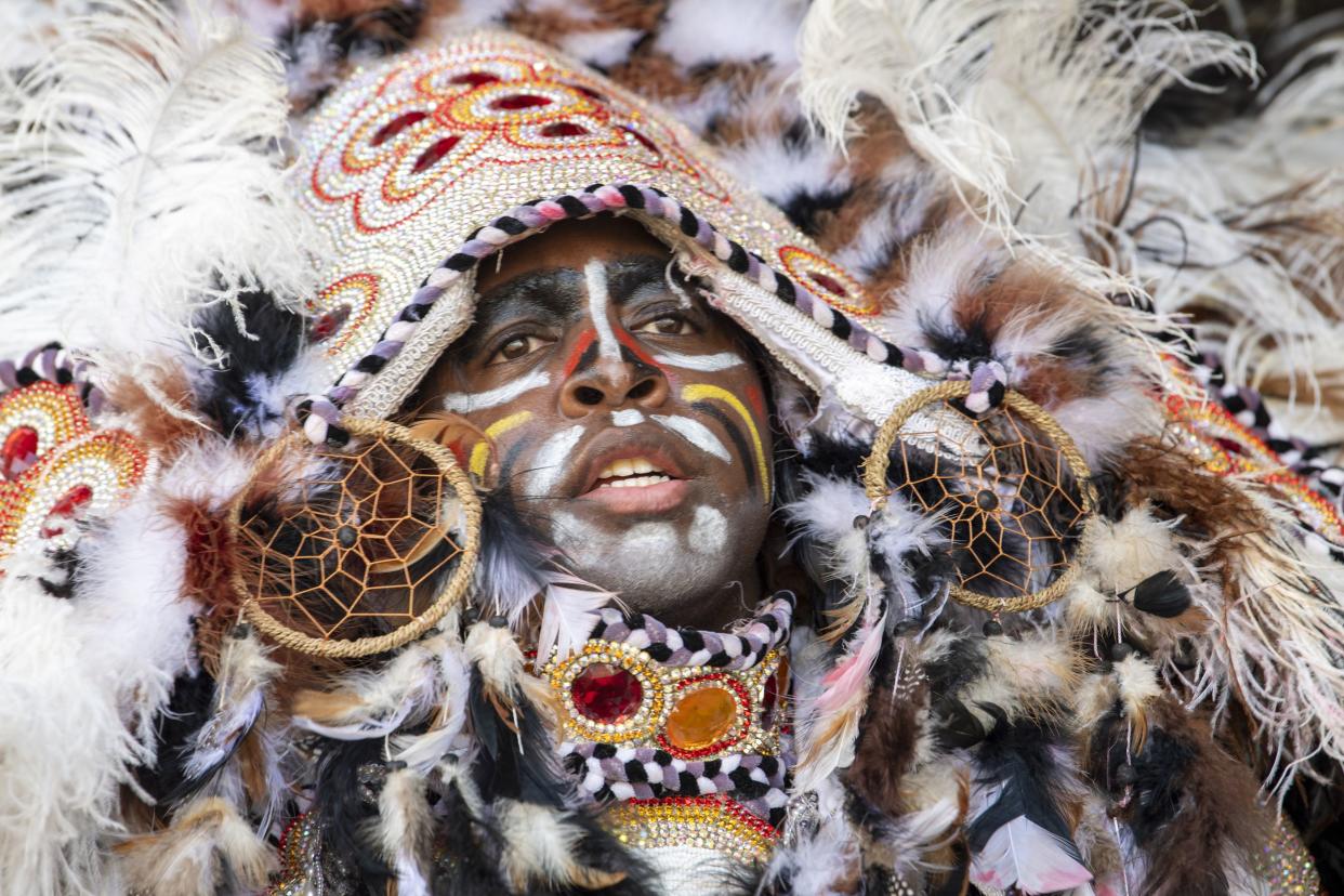 The Semolian Warriors Mardi Gras Indians perform on the Jazz & Heritage Stage at the New Orleans Jazz & Heritage Festival on Friday.