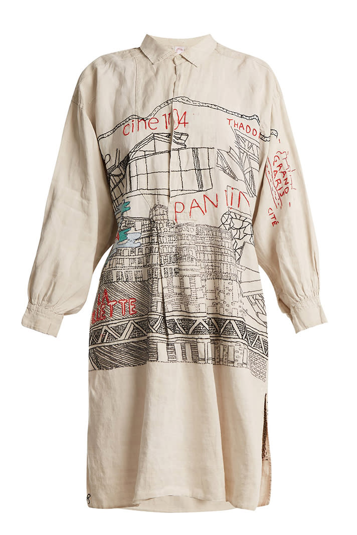 I mean, why <em>not</em> be a walking map of Paris? <em>Kilometre Paris Pantin linen shirtdress, $3,257 at <a href="https://www.matchesfashion.com/products/Kilometre-Paris-Pantin-embroidered-vintage-linen-shirtdress--1189732" rel="nofollow noopener" target="_blank" data-ylk="slk:Matches Fashion;elm:context_link;itc:0;sec:content-canvas" class="link ">Matches Fashion</a></em>