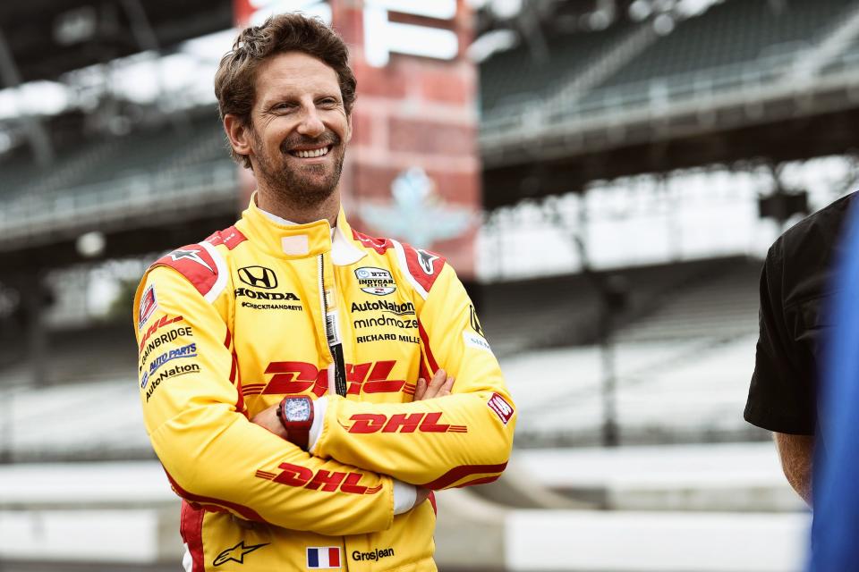 Romain Grosjean was all smiles, despite the weather delays, during his first day on-track as an Andretti Autosport driver at the Indianapolis Motor Speedway.