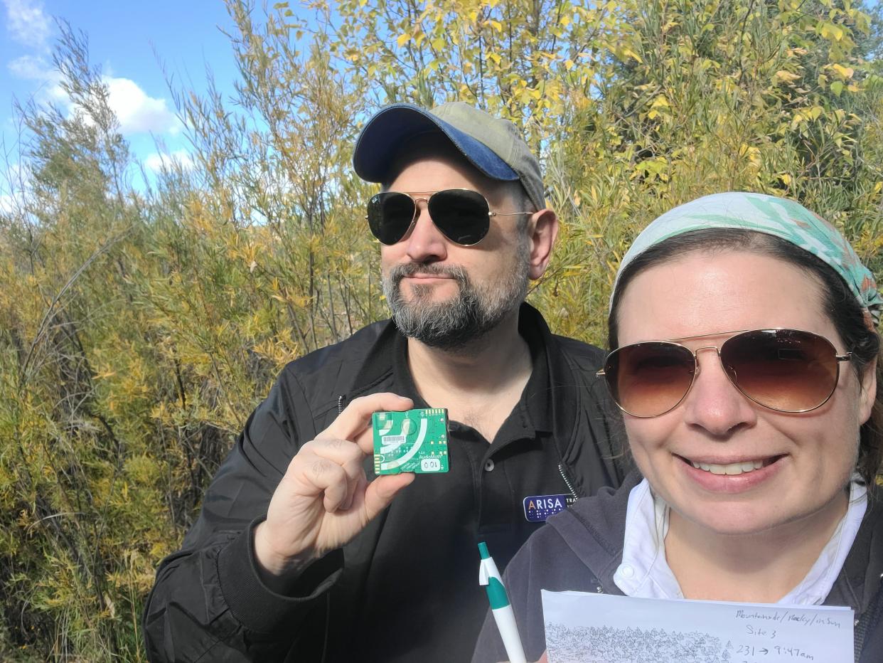 Eclipse Soundscapes co-leads Henry “Trae” Winter and MaryKay Severino prepare their AudioMoth recording device and observer notes ahead of the Oct. 14, 2023, annular eclipse.