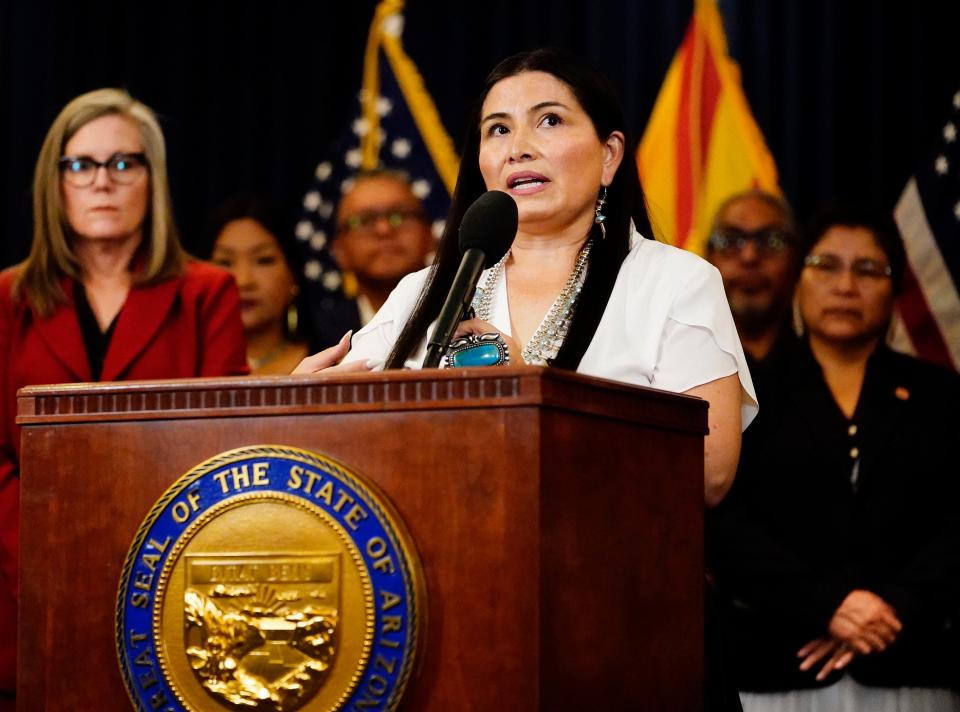 Ethel Branch, attorney general of the Navajo Nation reacts to the actions Arizona is taking to stop fraud against the Medicaid system and exploitation of AHCCCS members during a news conference at the Arizona state Capitol in Phoenix on May 16, 2023.