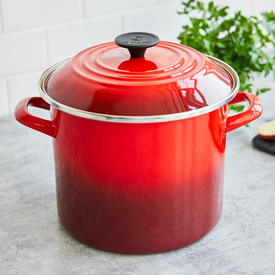 This stock pot is made from enameled steel that can handle the heat. It can be used on gas, electric, ceramic and induction cooktops. Just throw in corn on the cob or start boiling up the soup. <a href="https://fave.co/35Gf52K" target="_blank" rel="noopener noreferrer">Originally $95, get it now for $75 at Sur La Table</a>.