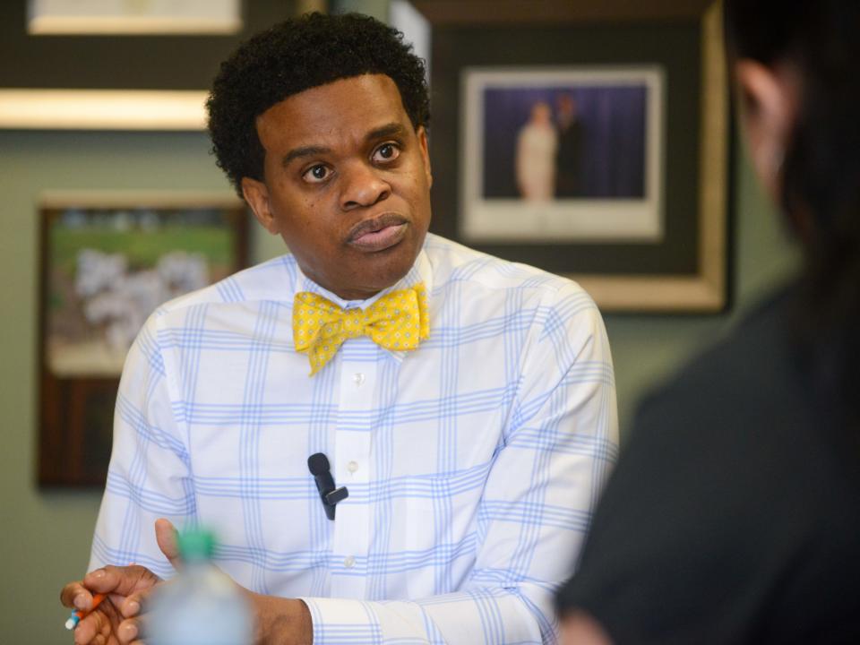 Jackson-Madison County Superintendent Dr. Marlon King speaks with Jackson Sun reporter Sarah Best concerning his opinions on a recent bill allowing Tennessee teachers to posses firearms inside the JMCSS Office in Jackson, Tenn., on Monday, May 5, 2024.