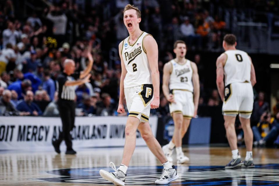 Purdue guard Fletcher Loyer celebrates a play against Gonzaga during the second half of the NCAA tournament Midwest Regional Sweet 16 round at Little Caesars Arena in Detroit on Friday, March 29, 2024.