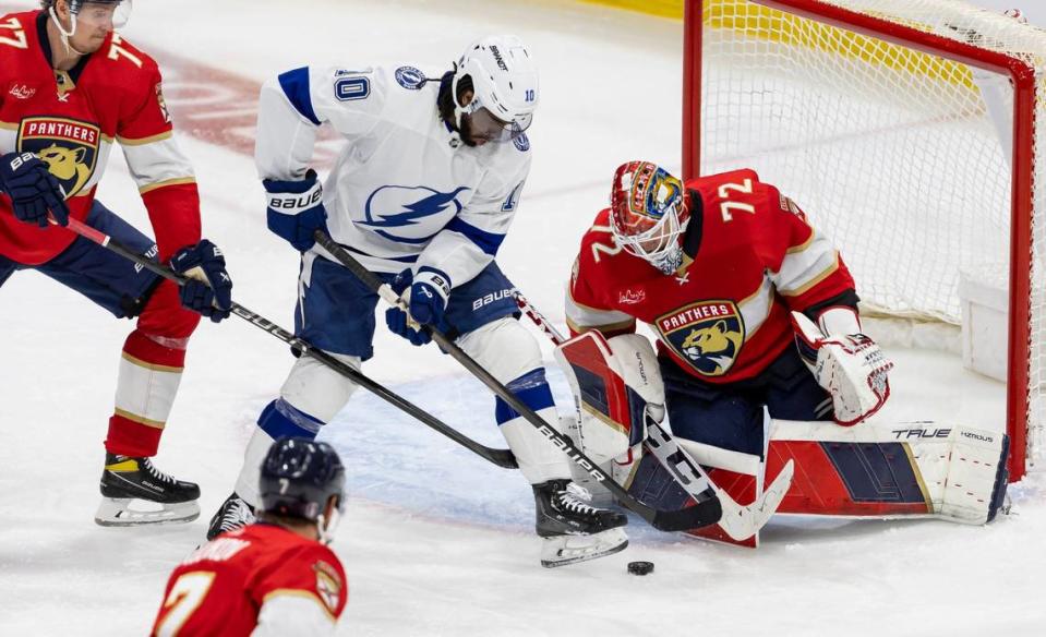 Florida Panthers goaltender Sergei Bobrovsky (72) blocks a shot against Tampa Bay Lightning left wing Anthony Duclair (10) in the third period in Game 2 of the first-round of the 2024 Stanley Cup Playoffs at Amerant Bank Arena on Tuesday, April 23, 2024, in Sunrise, Fla. MATIAS J. OCNER/mocner@miamiherald.com