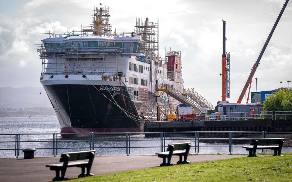 The unfinished Glen Sannox Caledonian Macbrayne ferry in the Ferguson Marine shipyard in Port Glasgow, Inverclyde. While building two ferries on contract for CalMac, Scotlandâ€™s public-owned ferry company, Ferguson Marine Engineering Ltd was put into administration as costs spiralled and building was delayed. The Scottish Government nationalised the shipyard in December 2019 - Jane Barlow/ PA