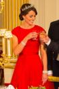 <p> Queen E lent it to Kate for the Chinese State Banquet in 2015 (seen on her left arm). To this event, Kate also wore a borrowed Lotus Flower Tiara, which Princess Margaret loved, too. It is made out of a necklace that belonged to the Queen Mother. </p>