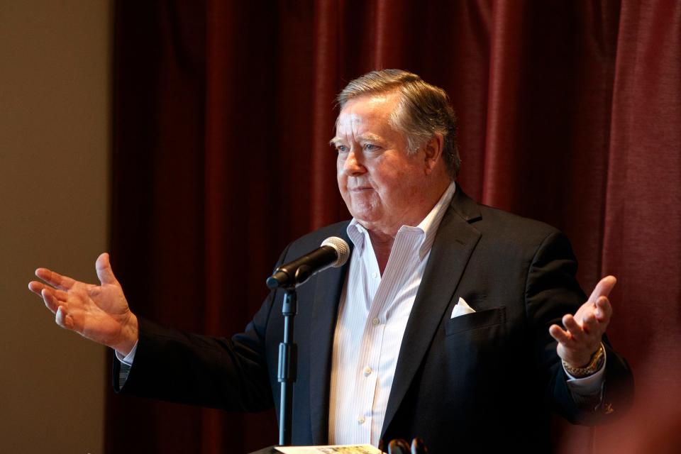 Congressman Ken Calvert speaks at the Coachella Valley Conservatives luncheon at the Classic Club in Palm Desert, Calif., on Sunday, Feb. 20, 2022. 