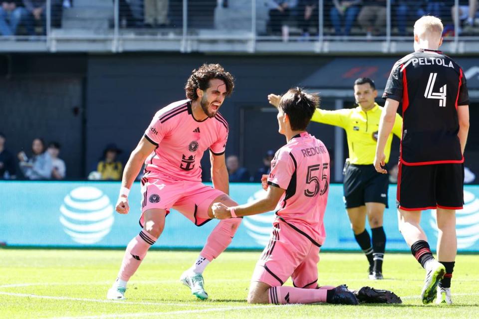 Mar 16, 2024; Washington, District of Columbia, USA; Inter Miami CF forward Leo Campana (8) celebrates his goal against D.C. United with midfielder Federico Redondo (55) at Audi Field. Mandatory Credit: Amber Searls-USA TODAY Sports