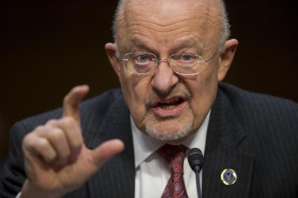 Director of National Intelligence James Clapper testifies on Capitol Hill in Washington, Wednesday, Jan. 29, 2014, before the Senate Intelligence Committee hearing on current and projected national security threats against the US. (AP Photo/Pablo Martinez Monsivais)