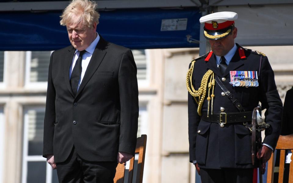 Boris Johnson during the one minute silence for Prince Philip, - Getty