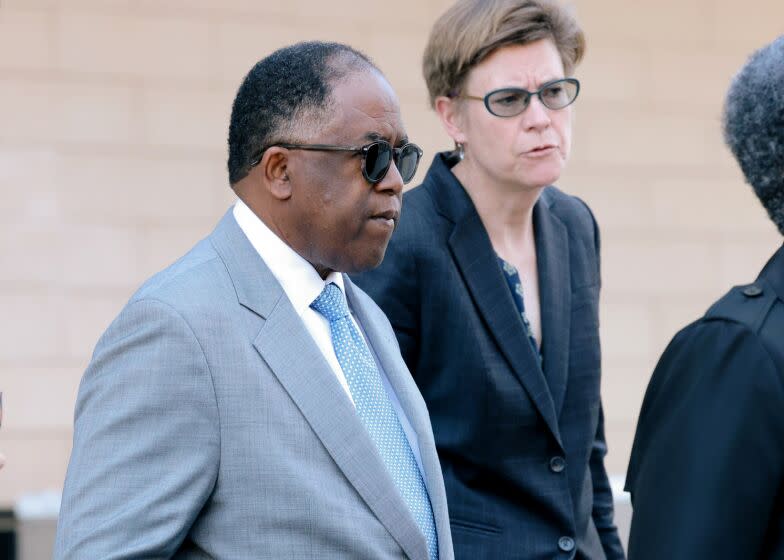 Los Angeles, CA - March 27: L.A. City Councilman Mark Ridley-Thomas leaves court for the day at the Federal Courthouse on Monday, March 27, 2023 in Los Angeles, CA. He is accused of steering lucrative county contracts to USC's social work school in exchange for a slate of benefits for his son. (Dania Maxwell / Los Angeles Times).