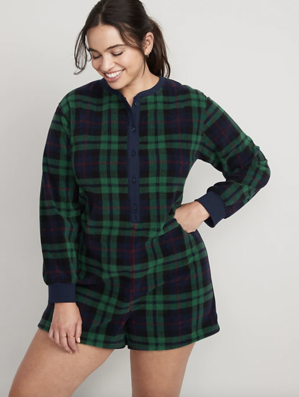 Fleece Henley Pajama Romper in green & blue plaid (Photo via Old Navy)