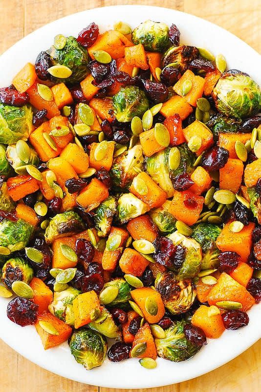 15) Maple Butternut Squash, Roasted Brussels Sprouts, Pumpkin Seeds, and Cranberries