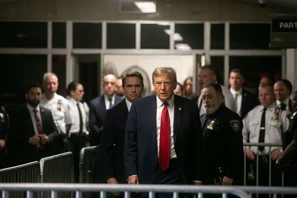 NEW YORK, NEW YORK - APRIL 15: Former U.S. President Donald Trump arrives for the first day of his trial for allegedly covering up hush money payments at Manhattan Criminal Court on April 15, 2024 in New York City. Former President Donald Trump faces 34 felony counts of falsifying business records in the first of his criminal cases to go to trial. (Photo by Michael Nagle - Pool/Getty Images)