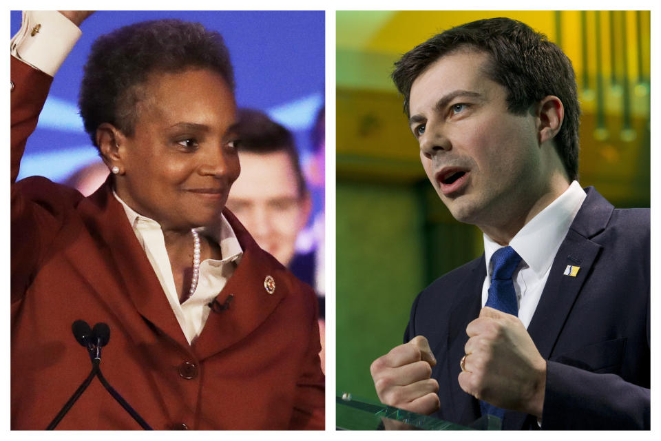 This combination of 2019 photos shows newly-elected Chicago Mayor Lori Lightfoot, left; and Democratic presidential candidate, South Bend, Ind. Mayor Pete Buttigieg. Together, the ascendance of Lightfoot and Buttigieg highlights the remarkable recent progress made by gay and lesbian politicians, to the point where their sexual orientation is either an asset or a non-issue. (AP Photo/Nam Y. Huh, Jose Luis Magana)