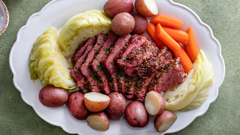 Plate of corned beef and cabbage