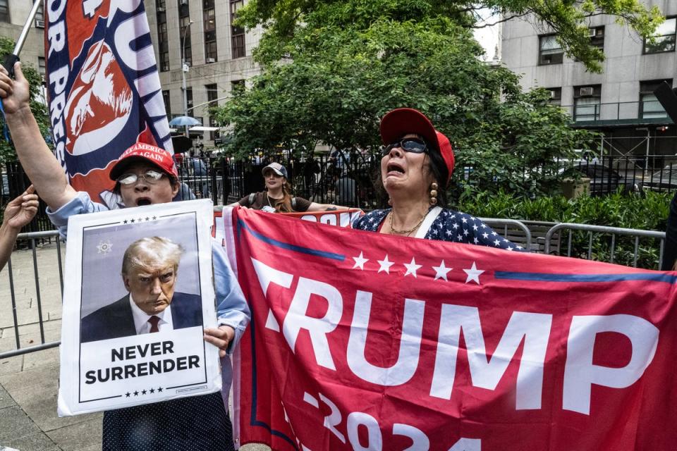 Trump supporters rally outside the criminal court where former President Donald Trump is on trial on May 29, 2024 in New York City. (Getty Images)
