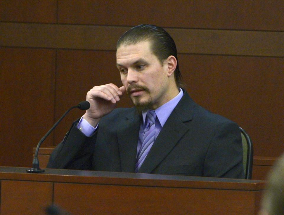 North Ogden Police investigator Brandon Dives takes the stand Wednesday, Feb. 12, 2014, in Ogden, Utah, in the trial for Eric Millerberg, who is accused in the 2011 drug-related death of his children’s 16-year-old baby sitter. (AP Photo/The Salt Lake Tribune, Leah Hogsten, Pool)