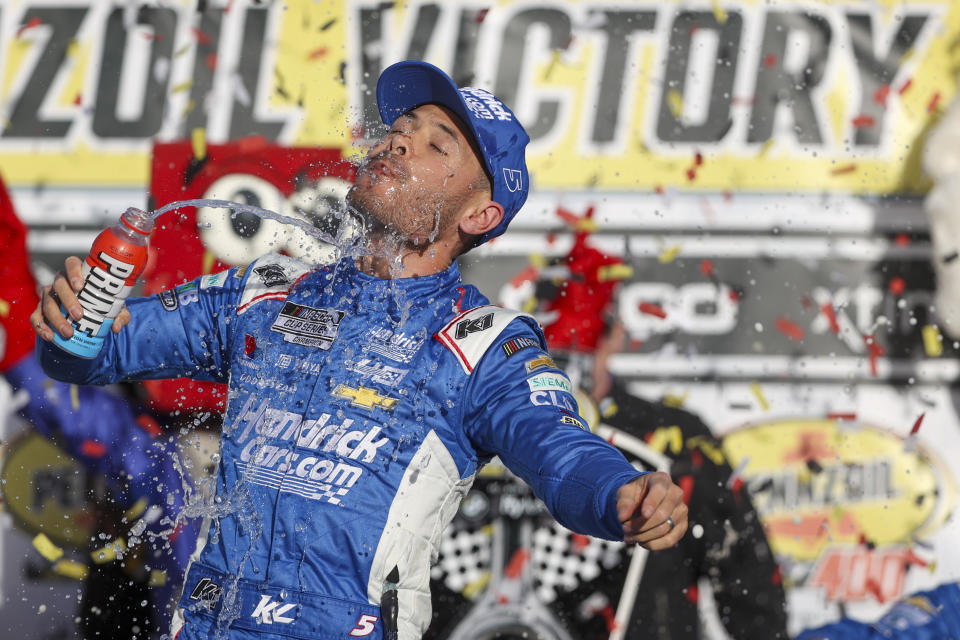 Kyle Larson celebrates after winning a NASCAR Cup Series auto race at Las Vegas Motor Speedway Sunday, March 3, 2024, in Las Vegas. (AP Photo/Ian Maule)