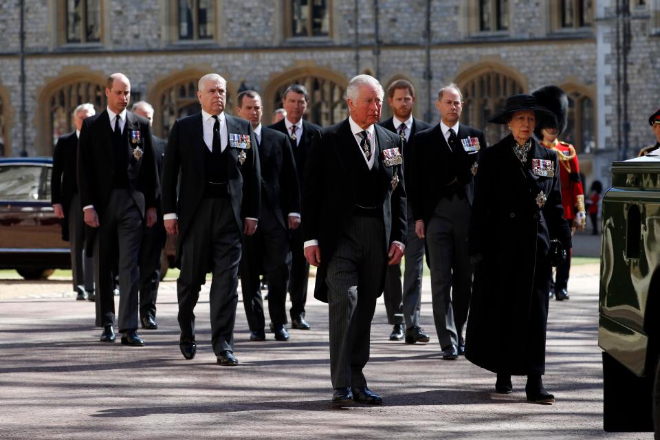 Prince Charles and Princess Anne lead a procession at Prince Philip's funeral at Windsor Castle on April 17, 2021.Prince Charles, Prince of Wales and Princess Anne on safari in the Masai Game Reserve on February 15, 1971 in Nairobi, Kenya. (Photo by Anwar Hussein/Getty Images)